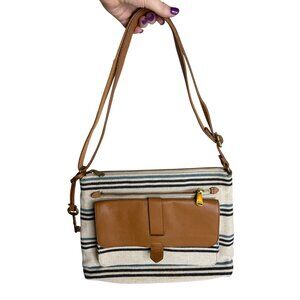 Fossil  Striped Fabric Brown Leather Trim Crossbody Shoulder Bag